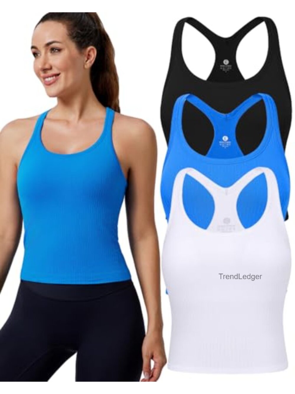 Seamless Ribbed Racerback Workout Tank Top Built in Bra Crop Athletic Yoga